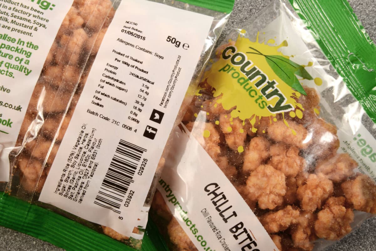Packaging of Country Products Chilli Bites as an example of product labeling.